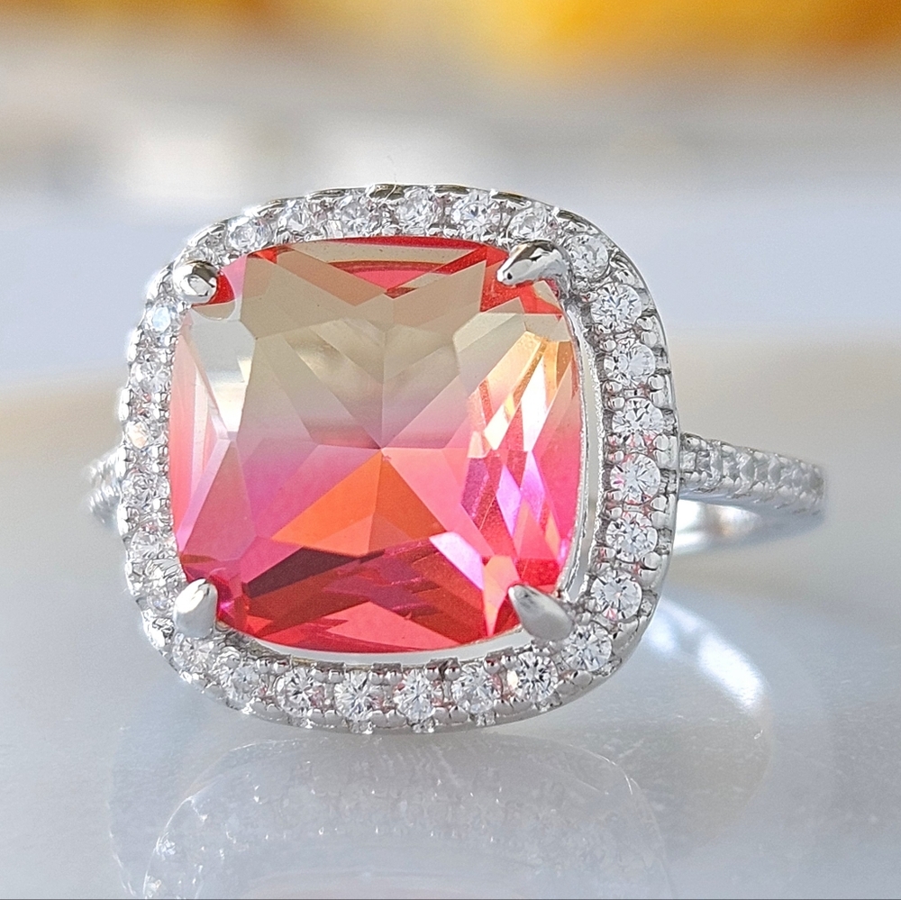 Pink & Peach Tourmarine Gemstone Ring, 925 Sterling Silver Charmed Aroma